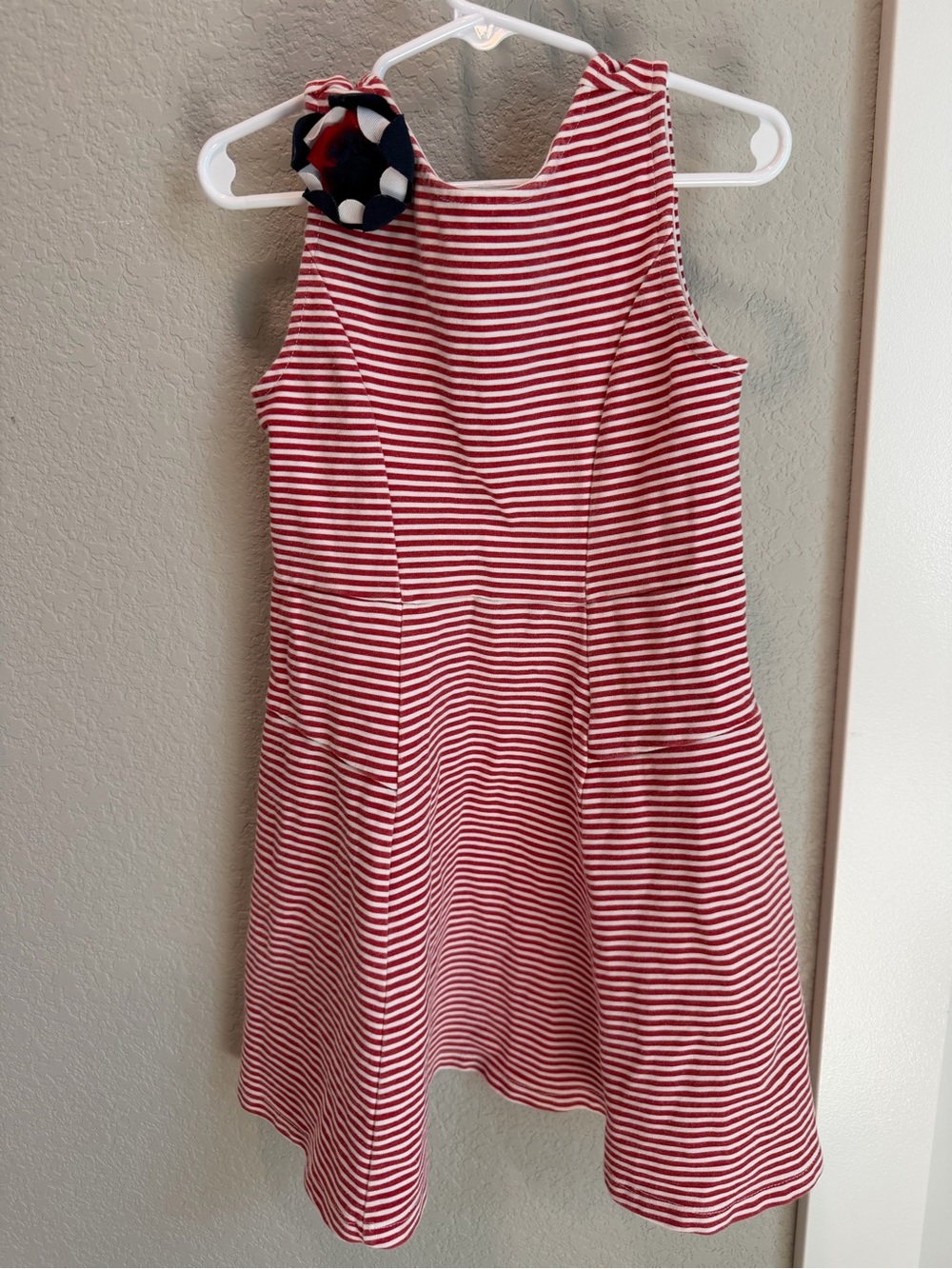 Janie and Jack Red and White Striped Sleeveless Dress with Navy Rosette